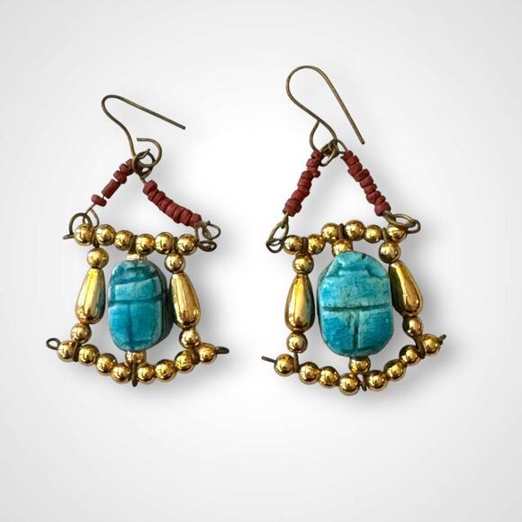 Vintage Multi-Strand Turquoise & Gold Tone Bead Necklace Hanging Scarab Earrings - Picture 3 of 10